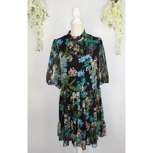 Melonie T Dress Sz 12 Black Floral Chiffon Ruffle Neck Cottage Whimsigoth Fairy - Picture 3 of 14